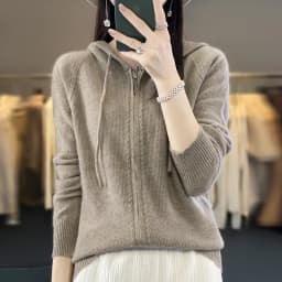 DjzDsm New Women’s 100% Merino Wool Cardigan Hooded Zipper Sweater Spring Autumn Winter Raglan Sleeve Cashmere Knitwear Tops