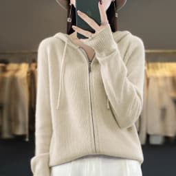 DjzDsm New Women’s 100% Merino Wool Cardigan Hooded Zipper Sweater Spring Autumn Winter Raglan Sleeve Cashmere Knitwear Tops