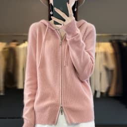 DjzDsm New Women’s 100% Merino Wool Cardigan Hooded Zipper Sweater Spring Autumn Winter Raglan Sleeve Cashmere Knitwear Tops