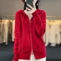 DjzDsm New Women’s 100% Merino Wool Cardigan Hooded Zipper Sweater Spring Autumn Winter Raglan Sleeve Cashmere Knitwear Tops