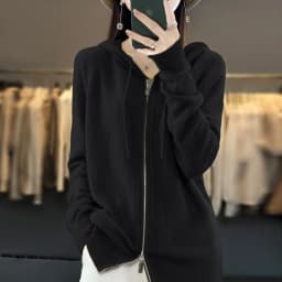DjzDsm New Women’s 100% Merino Wool Cardigan Hooded Zipper Sweater Spring Autumn Winter Raglan Sleeve Cashmere Knitwear Tops
