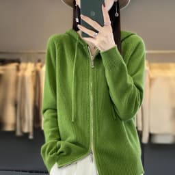 DjzDsm New Women’s 100% Merino Wool Cardigan Hooded Zipper Sweater Spring Autumn Winter Raglan Sleeve Cashmere Knitwear Tops