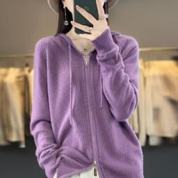 DjzDsm New Women’s 100% Merino Wool Cardigan Hooded Zipper Sweater Spring Autumn Winter Raglan Sleeve Cashmere Knitwear Tops