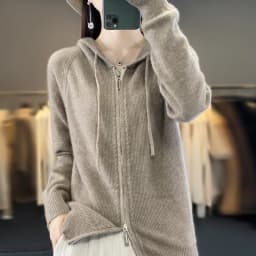 DjzDsm New Women’s 100% Merino Wool Cardigan Hooded Zipper Sweater Spring Autumn Winter Raglan Sleeve Cashmere Knitwear Tops
