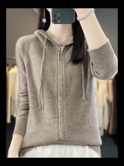 DjzDsm New Women’s 100% Merino Wool Cardigan Hooded Zipper Sweater Spring Autumn Winter Raglan Sleeve Cashmere Knitwear Tops