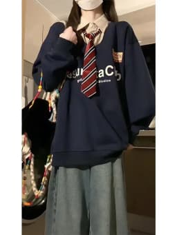 College Tie POLO Shirt Fake Two Piece Sweatshirt Large Size Long Sleeve Pullover Men Women Oversized Korean Fashion Y2k Clothes