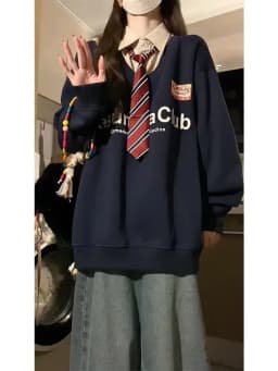 College Tie POLO Shirt Fake Two Piece Sweatshirt Large Size Long Sleeve Pullover Men Women Oversized Korean Fashion Y2k Clothes