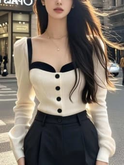 Pure Desire Style Long Sleeve Knitted Shirt Women's Slim Fit Base Layer Shirt Color Block Street Style Square Collar Top