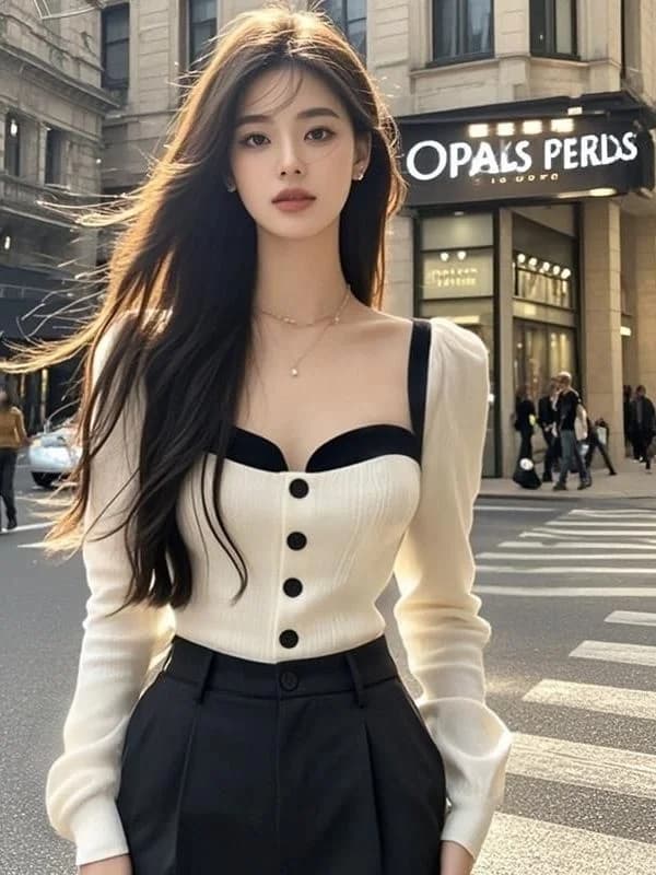 Pure Desire Style Long Sleeve Knitted Shirt Women's Slim Fit Base Layer Shirt Color Block Street Style Square Collar Top