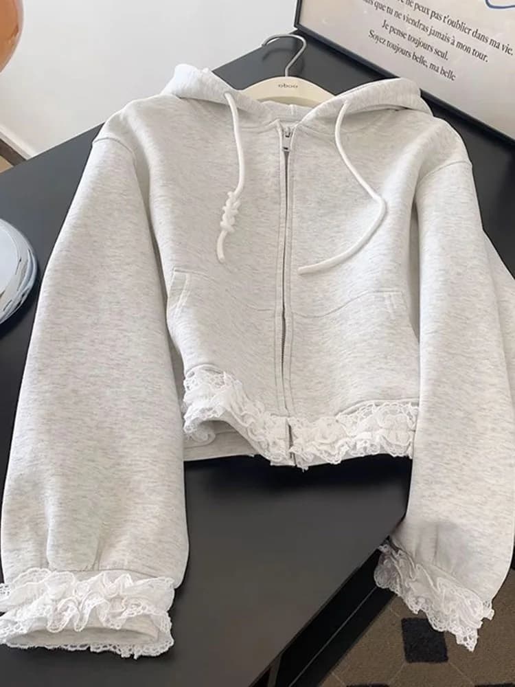 Lace Patchwork Sweet Hoodies Women Spring Preppy Style Long Sleeve Cute Sweatshirt Fashion Pockets Female Loose Korean Tops New