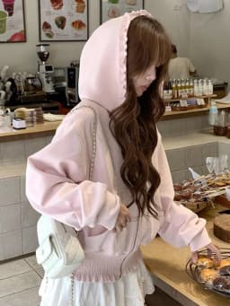 Sweet Kawaii Pink Hoodies Women Long Sleeve Elegant Ruffles Cute Sweatshirts Japan Casual Pockets Preppy Style Lady Vintage Tops