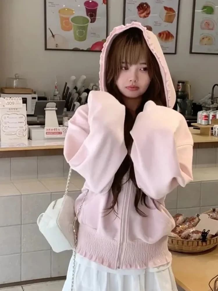 Sweet Kawaii Pink Hoodies Women Long Sleeve Elegant Ruffles Cute Sweatshirts Japan Casual Pockets Preppy Style Lady Vintage Tops