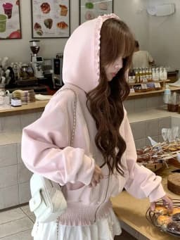 Sweet Kawaii Pink Hoodies Women Long Sleeve Elegant Ruffles Cute Sweatshirts Japan Casual Pockets Preppy Style Lady Vintage Tops