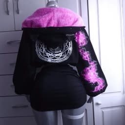 Black Cat Ear Hooded Jacket Womens Pink Fluffy Lining Mystical Magic Circle Back Print Flame Sleeve Print Zip Up Warm Outerwear
