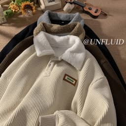 CGC Harajuku Corduroy Polo Neck Sweatshirt Warm Plush Lambswool Hoodies Women Casual Pullovers Outerwears Autumn Winter Clothes