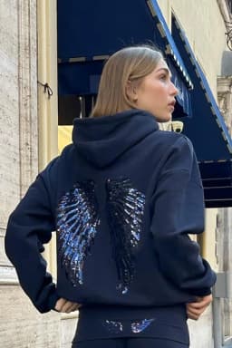 Women's Y2k Trendy Elegant Casual Pullover Autumn Easy Match Sequin Wing Print Hoodie Tops Lady Loose Commuter Office Clothes