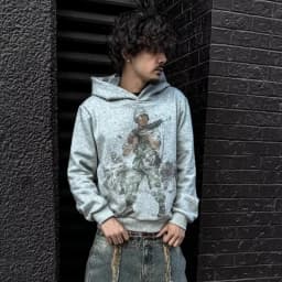 European and American Autumn and Winter Sports Hooded Pullover Retro Printing Pictures Men and Women Same Grey Loose Hoodie