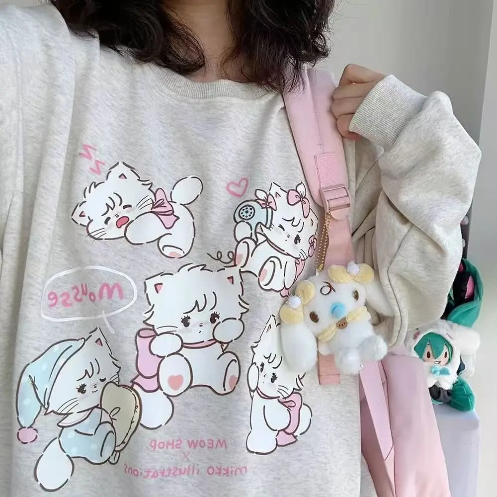 Japanese Kawaii Cartoon Print Long-sleeve Hoodies Harajuku Subculture Aesthetics Sweet Hoodie Tee Fashion Casual Loose Cute Tops