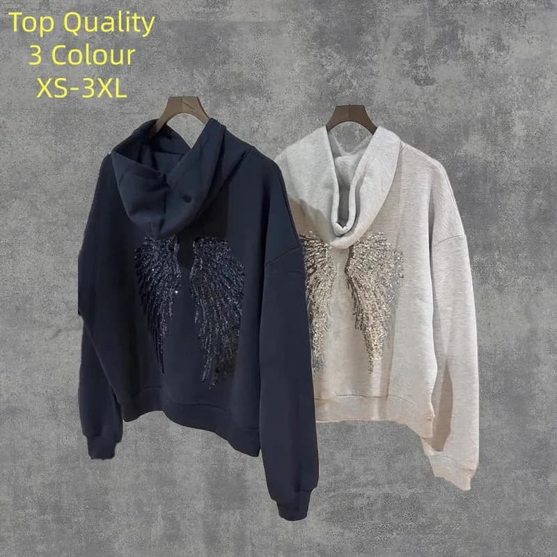 Y2K Retro Wings Sequin Hoodie Angel Wings Ornament Sweatshirt Harajuku Sweet Lady Casual Streetwear Relaxed Fit Pullover Coat