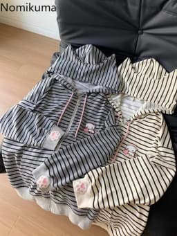 Cat Ear Hood Sweatshirts Coats Women Clothes Long Sleeve Striped Hoodies Y2k Tops 2025 Ropa Mujer Casual Fashion Japanese Hoodie