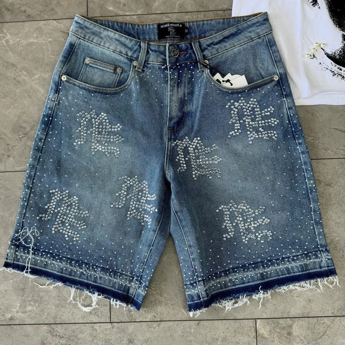 Mixed Emotion Streetwear American Retro Jeans Men's Hip Hop Sequined Shiny Denim Shorts Vintage Washed Blue Baggy Shorts