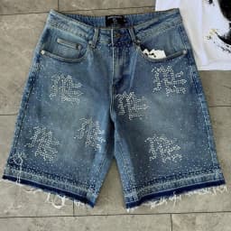 Mixed Emotion Streetwear American Retro Jeans Men's Hip Hop Sequined Shiny Denim Shorts Vintage Washed Blue Baggy Shorts