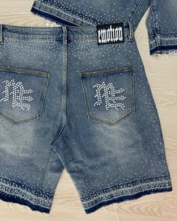 Mixed Emotion Streetwear American Retro Jeans Men's Hip Hop Sequined Shiny Denim Shorts Vintage Washed Blue Baggy Shorts
