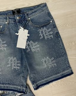Mixed Emotion Streetwear American Retro Jeans Men's Hip Hop Sequined Shiny Denim Shorts Vintage Washed Blue Baggy Shorts