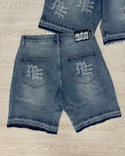 Mixed Emotion Streetwear American Retro Jeans Men's Hip Hop Sequined Shiny Denim Shorts Vintage Washed Blue Baggy Shorts