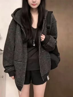 2000S American Vintage Striped Loose Long Sleeve Hooded Sweatshirt Y2k Subculture Casual Zip Up Hooded Cardigan Harajuku Coats