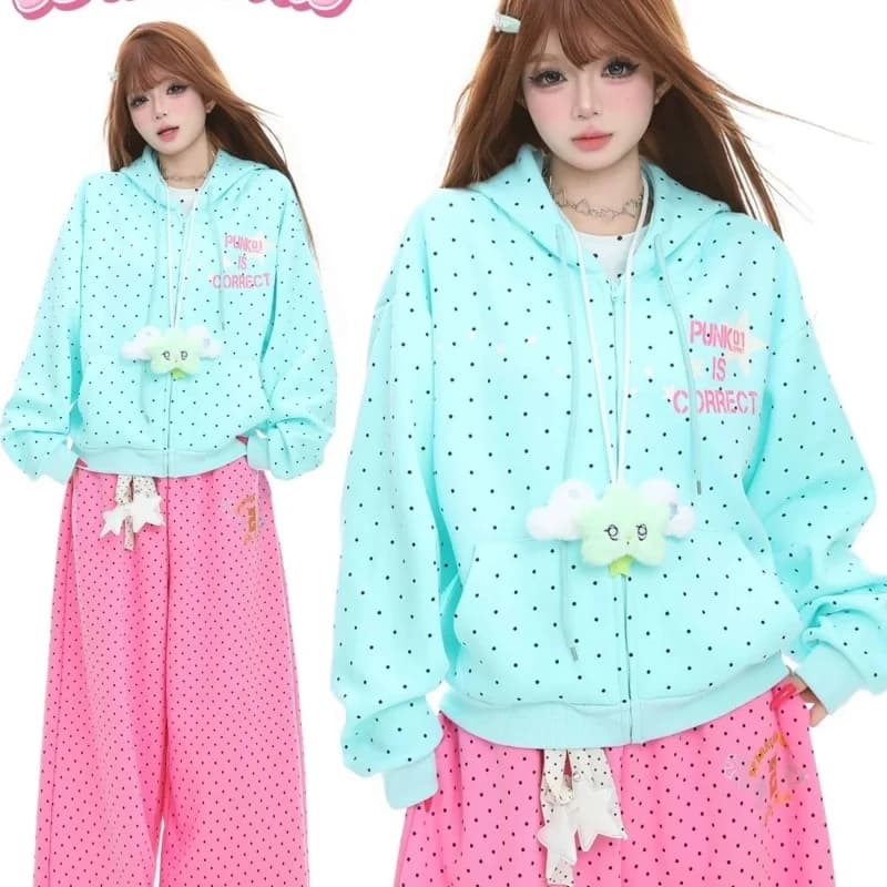 2026 Spring Fashion Letter Print Hooded New Clothing American Polka Dot Star Sweatshirts Women Y2k Sweet Loose Casual Jacket