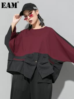 [EAM] Loose Fit Contrast Color Big Size Sweatshirt New Round Neck Long Sleeve Women Big Size Fashion Spring Autumn 2026 1D716