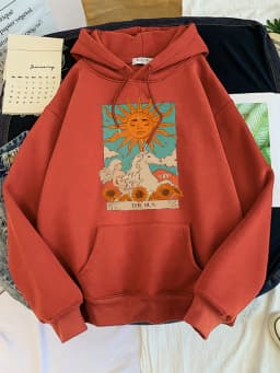 Tarot Card Art The Sun Prints Female Hoodies Fashion Casual Sportshirt Oversize Loose Sweatshirts Warm Fleece Woman Clothing