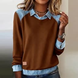 Harajuku Fashion Contrast Denim Woman Sweatshirts Elegant Shirt Collar Patchwork Top Pullovers Autumn Long Sleeve T-shirt Hoodie
