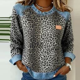 Harajuku Fashion Contrast Denim Woman Sweatshirts Elegant Shirt Collar Patchwork Top Pullovers Autumn Long Sleeve T-shirt Hoodie