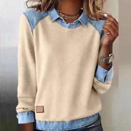 Harajuku Fashion Contrast Denim Woman Sweatshirts Elegant Shirt Collar Patchwork Top Pullovers Autumn Long Sleeve T-shirt Hoodie