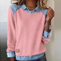 Harajuku Fashion Contrast Denim Woman Sweatshirts Elegant Shirt Collar Patchwork Top Pullovers Autumn Long Sleeve T-shirt Hoodie