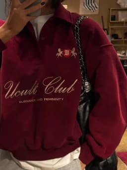 Classic Half Open POLO Neck Sweatshirts French Women Fashion Wine Red Retro Letter Printing Pullover Tops Autumn Winter Casual