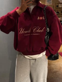 Classic Half Open POLO Neck Sweatshirts French Women Fashion Wine Red Retro Letter Printing Pullover Tops Autumn Winter Casual