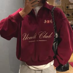 Classic Half Open POLO Neck Sweatshirts French Women Fashion Wine Red Retro Letter Printing Pullover Tops Autumn Winter Casual