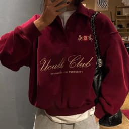 Classic Half Open POLO Neck Sweatshirts French Women Fashion Wine Red Retro Letter Printing Pullover Tops Autumn Winter Casual