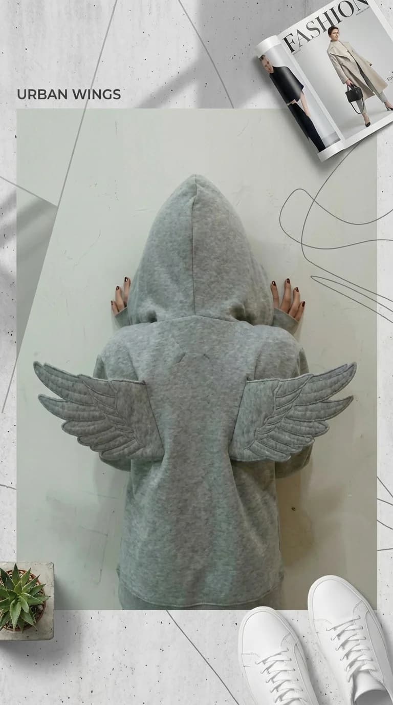 Harajuku Women Casual Oversized Wing Decorated Loose Pullover Sweatshirt Cute Street Trendy Gray Angel Wing Embroidered Hoodie