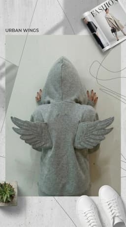 Harajuku Women Casual Oversized Wing Decorated Loose Pullover Sweatshirt Cute Street Trendy Gray Angel Wing Embroidered Hoodie