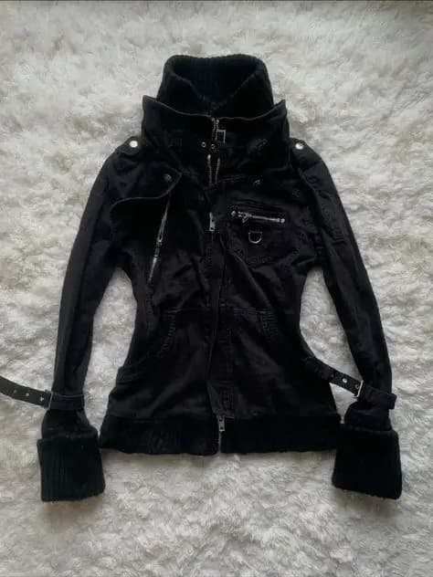Gothic Black Slim Fit Zip-Up Hoodie Womens Y2K Fashion Ribbed Hem Oversized Cuffs Hoodie Sports Shirt Casual Jacket