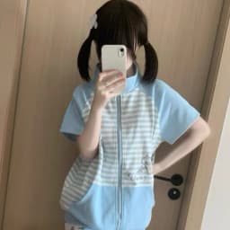Japanese Casual Stand Neck Hoodie Preppy Style Embroidery Cat Grunge Cute Sweatshirts Women Y2k Aesthetic Patchwork Stripe Hoody