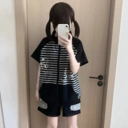 Japanese Casual Stand Neck Hoodie Preppy Style Embroidery Cat Grunge Cute Sweatshirts Women Y2k Aesthetic Patchwork Stripe Hoody