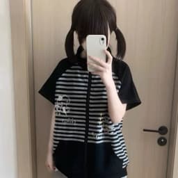 Japanese Casual Stand Neck Hoodie Preppy Style Embroidery Cat Grunge Cute Sweatshirts Women Y2k Aesthetic Patchwork Stripe Hoody
