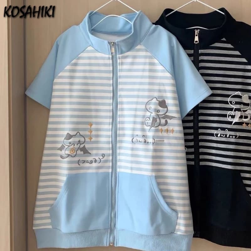 Japanese Casual Stand Neck Hoodie Preppy Style Embroidery Cat Grunge Cute Sweatshirts Women Y2k Aesthetic Patchwork Stripe Hoody