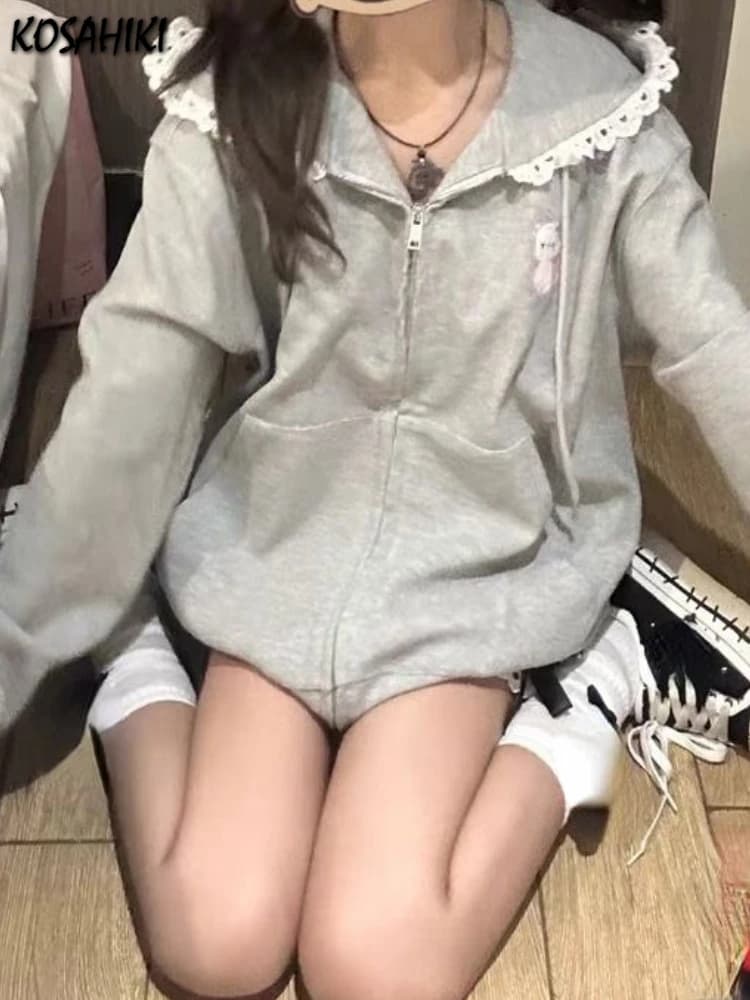 Japanese Autumn Casual Hoodies Oversized Lace Patchwork Harajuku Women's Tops Y2k Aesthetic Cartoon Embroidery Cute Sweatshirts