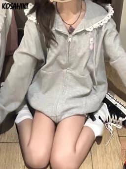 Japanese Autumn Casual Hoodies Oversized Lace Patchwork Harajuku Women's Tops Y2k Aesthetic Cartoon Embroidery Cute Sweatshirts